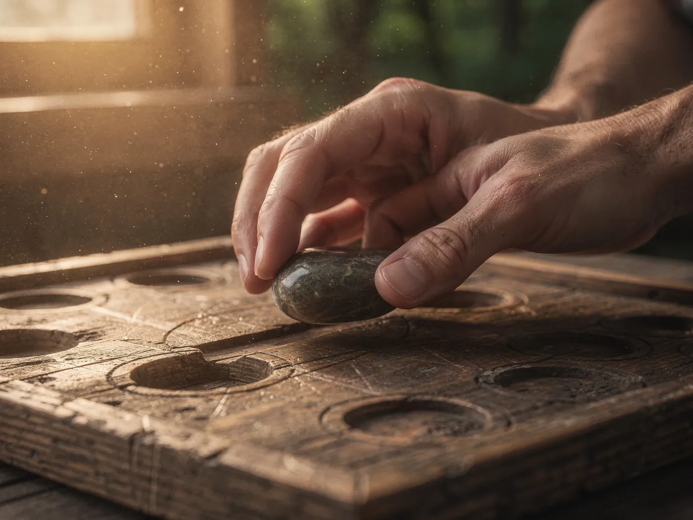 Hands moving a smooth stone across the board