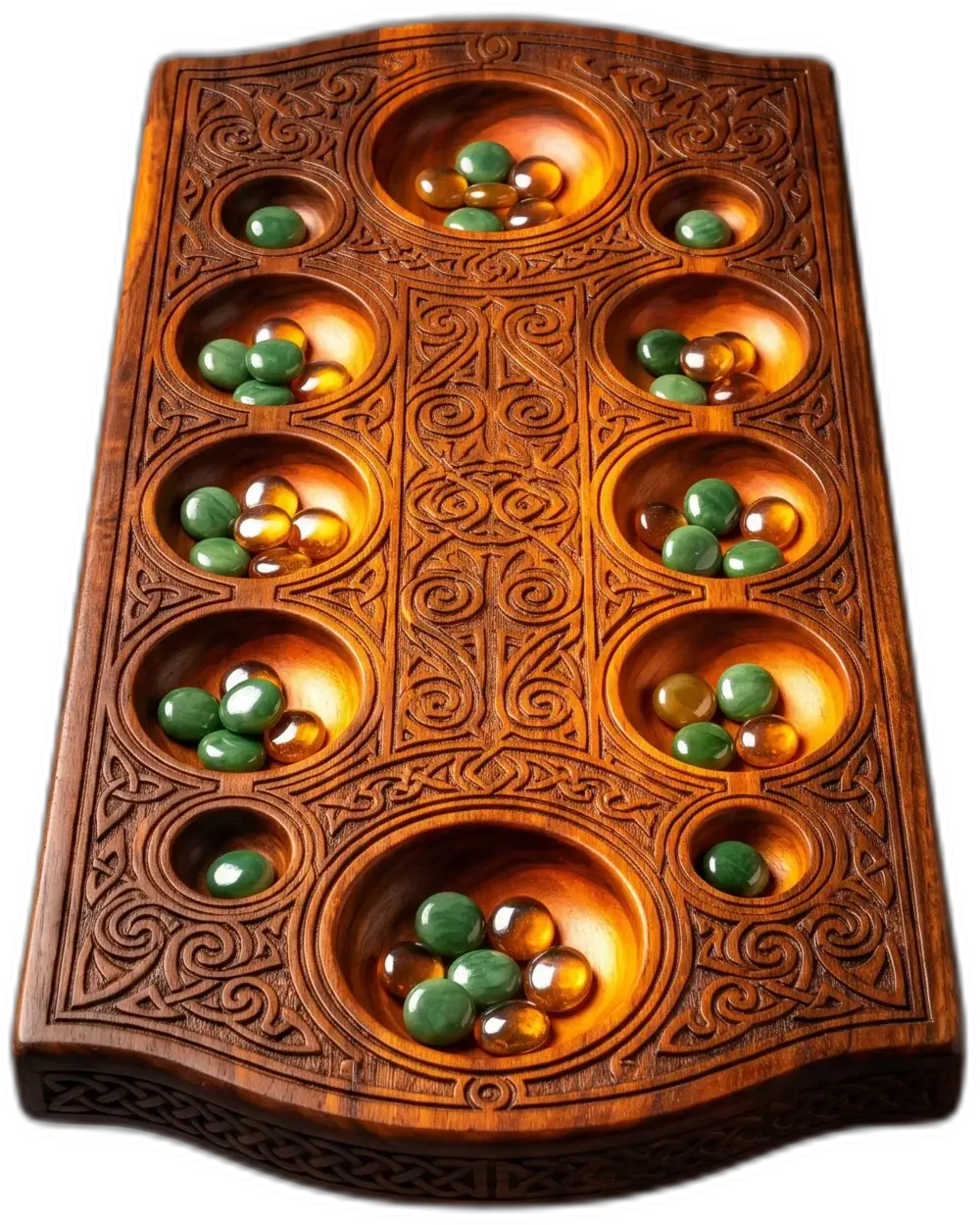 A hollowed wooden game board with glowing stones